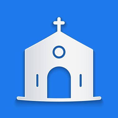 Kağıt kesiği kilise binası ikonu mavi arka planda izole edilmiş. Hıristiyan Kilisesi. Kilisenin dini. Kağıt sanatı tarzı. Vektör