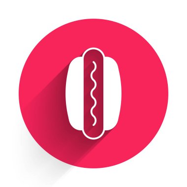 Uzun gölgeli beyaz Hotdog sandviç ikonu. Sosis ikonu. Fast food burcu. Kırmızı daire düğmesi. Vektör
