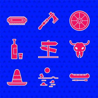 Yol trafik levhası, kaktüs, kano küreği, bufalo kafatası, Meksika sombrero şapkası, viski şişesi camı, eski ahşap tekerlek ve mızıka ikonu olan çöl manzarası. Vektör