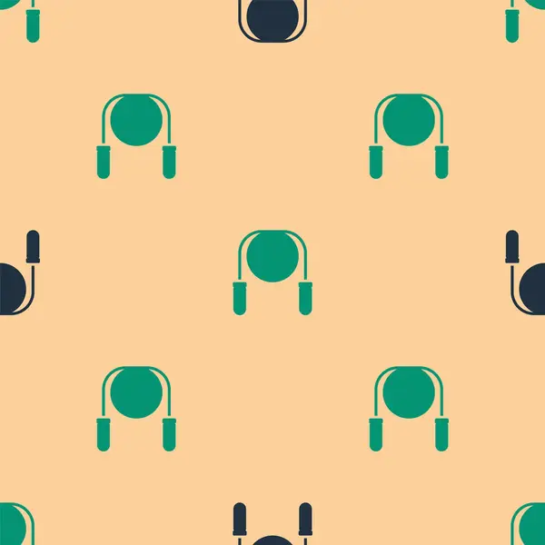 Grünes und schwarzes Springseil-Symbol isoliert nahtloses Muster auf beigem Hintergrund. Seilspringen. Sportgeräte. Vektor — Stockvektor