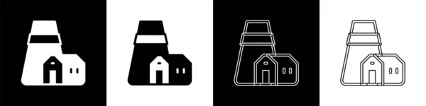Nastavit elektrárnu a tovární ikonu izolované na černobílém pozadí. Energetický průmyslový koncept. Vektor — Stockový vektor