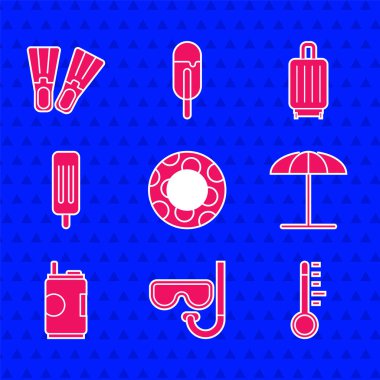 Plastik yüzme yüzüğü, dalış maskesi ve şnorkel, Meteoroloji termometresi, plaj için güneş koruyucu şemsiye, soda kutusu, dondurma, bavul ve yüzgeç ikonu. Vektör