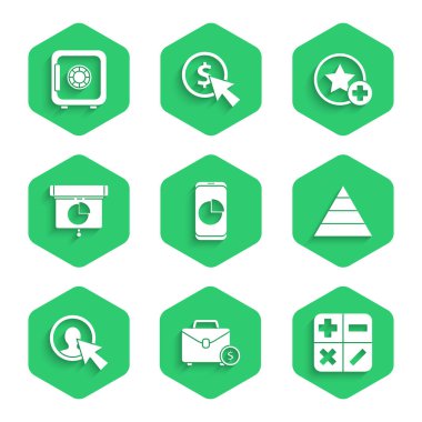 Cep telefonunu grafik çizelgesi, evrak çantası ve para ile ayarla, Hesap Makinası, Piramit bilgi grafikleri, insan giysisi kullanıcısı, grafik, diyagram, Yıldız ve Güvenli simgesi. Vektör