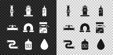 Endüstriyel boru ve valf, yangın musluğu, bir şişe su, metalik, temiz, su damlası ve ikonlu büyük şişe. Vektör