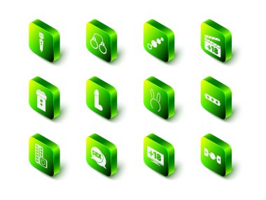 Seksi tüylü kelepçeler, anal boncuklar, 18 'den fazla içerikli film alkışı, Silikon top kemeri, maskeli uzun tavşan kulakları, monitör ve konuşma balonu ikonu. Vektör