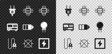 Elektrik prizini, işlemciyi işlemcili işlemciyi, şemayı, şimşeği, elektrik ölçüm aletlerini ve pil şarj seviyesindeki gösterge simgesini ayarla. Vektör