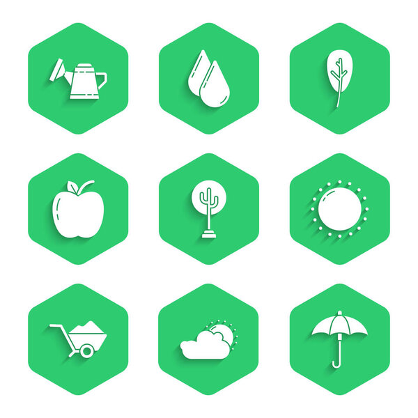 Set Tree, Sun and cloud weather, Umbrella, Wheelbarrow with dirt, Apple, Leaf or leaves and Watering can icon. Vector