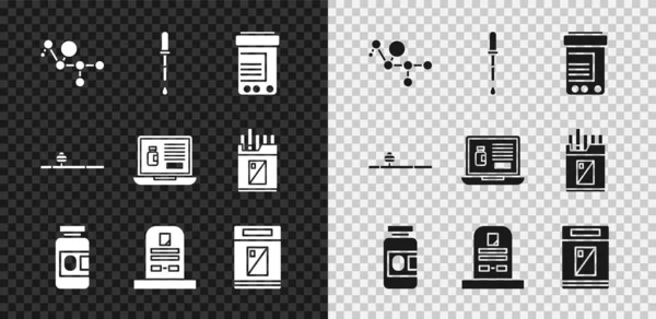 Set Cannabis molecuul, Pipet, Medicijn fles en pillen, Tombstone met RIP geschreven, Sigaretten verpakking doos, Opium pijp en het kopen van drugs online laptop icoon. Vector — Stockvector