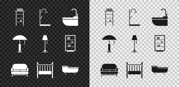 Set Badezimmerständer mit Ablagen für Handtücher, Dusche, Waschbecken Wasserhahn, Sofa, Babybett, Badewanne, Tischlampe und Bodensymbol. Vektor — Stockvektor