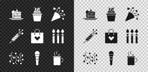 Set Cake, Festive confetti, Karaoke microphone, Mulled wine, Firework rocket and Shopping bag with heart icon. Vector — Stock Vector