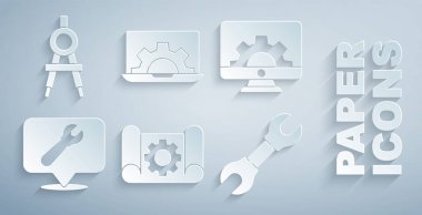 Grafik kağıdı ve teçhizatını, bilgisayar monitörünü, anahtar anahtarı, İngiliz anahtarı, İngiliz anahtarı, dizüstü bilgisayar ve çizim simgesini ayarla. Vektör