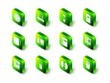 Yönlendirici ve wi-fi sinyalini ayarla, saksıdaki çiçek, Spiral defter, diyagramı olan Chalkboard, Tam çöp kutusu, Ofis dizinleri, CD veya DVD diski ve Bilgisayar fare simgesi. Vektör