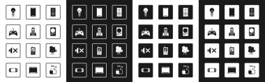 Stereo hoparlör, Telefon, Gamepad, Fikir sahibi ampul, Sabit disk sürücüsü HDD, Smartphone, mobil, Retro sinema kamerası ve Hoparlör sessiz simgesi. Vektör