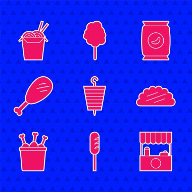 Izgara şiş kebap, kızarmış sosis, tenteli sokak tezgahı, taco tortilla, tavuk budu paketi, patates cipsi, Asya eriştesi ve yemek çubuğu ikonu. Vektör