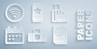 Çanta, Takvim, Pasaport, Mobil, gözden geçirme dereceli ve kablosuz internet ağ simgesi ayarla. Vektör