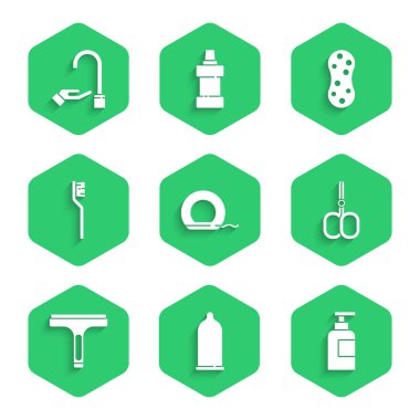Diş ipi, prezervatif, bir şişe şampuan, tırnak makası, lastik temizleyici, diş fırçası, sünger ve sabun ikonlu ellerini yıka. Vektör