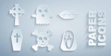 Kurukafa 'yı çapraz kemiklere vampir dişlerine Tabut' a komik ve korkunç hayalet maskesine Hayalet ve Tombstone ikonuna yerleştir. Vektör