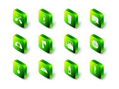 Tırmanış halatı, uyku tulumu, karavan, rüzgar gülü, bıçak, saplı çaydanlık, bir şişe su ve dağ ikonu. Vektör