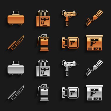 El bombası, tanksavar, askeri mühimmat kutusu, av silahı, süngülü tüfek, UZI hafif makineli tüfek, silah çantası ve tabanca ikonu. Vektör