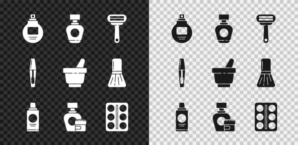 Set Perfume, Shaving razor, Bottle of shampoo, Cream lotion cosmetic tube, Eye shadow palette, Mascara brush and Mortar and pestle icon. Vector — Stock Vector