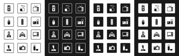 Set Retro-TV, Batterieladestandsanzeige, Computermaus, Fernbedienung, Kinokamera, Ladegerät, Mikrowelle und Telefon-Symbol. Vektor — Stockvektor