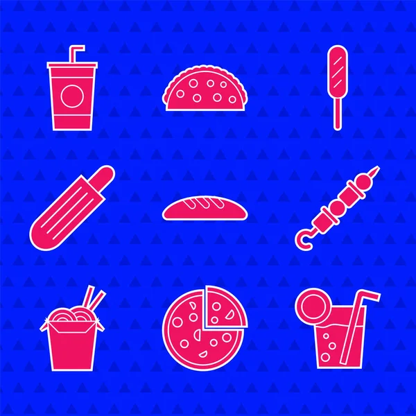 Σετ ψωμί ρολό, πίτσα, κοκτέιλ, σχάρας κεμπάπ, ασιατικά noodles και chopsticks, γαλλικό χοτ ντογκ, καλαμπόκι και γυαλί χαρτί με εικονίδιο άχυρο. Διάνυσμα — Διανυσματικό Αρχείο