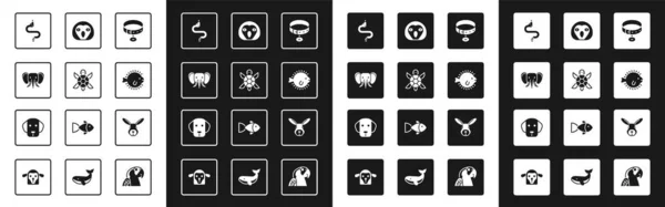 Set Collar con etiqueta, Tortuga, Elefante, Serpiente, Pez globo, Ave búho, Cabeza de conejo y Perro icono. Vector — Vector de stock