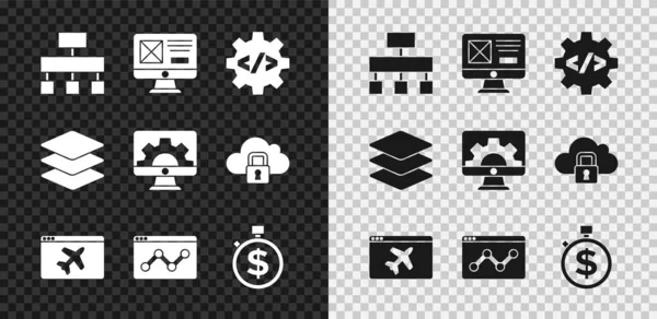 Establecer mapa del sitio, interfaz de usuario o diseño de UX, Desarrollo de front-end, Plantilla de sitio web, estadística, Dinero de tiempo, Capas e icono. Vector — Vector de stock