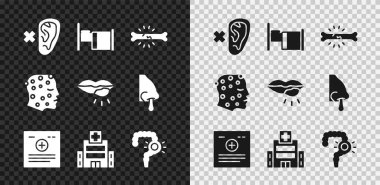 Sağır, hastane yatağı, kemik ağrısı, klinik kaydı, hastane binası, mide iltihabı, sedef iltihabı, egzama isiliği ve uçuk dudak ikonu. Vektör