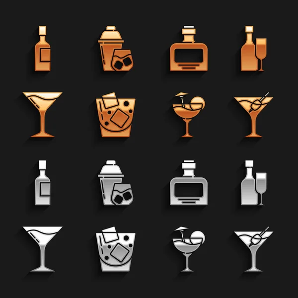 Set Glas Whisky, Weinflasche mit Glas, Martini, Cocktail, Whiskey, Champagner und Shaker-Ikone. Vektor — Stockvektor