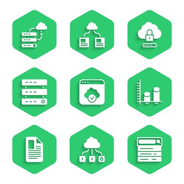 Bulut teknolojisi veri transferini, Arama motoru, Veri analizi, Dosya belgesi, Sunucu, Data, Web Sunucusu, bilgisayar kilidi ve Ağ Bulut bağlantısı simgesini ayarla. Vektör