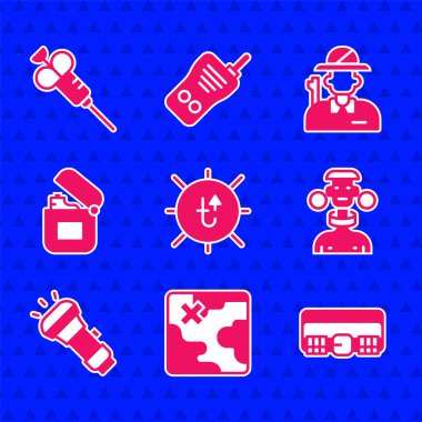 Güneş, Afrika safari haritası, av kartuşu kemeri, Afrika kabilesi erkeği, El feneri, Çakmak, Avcı ve Şırınga ikonu. Vektör