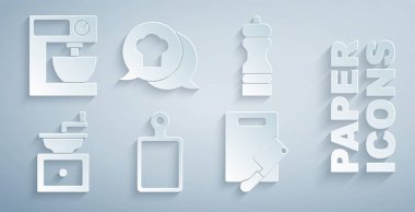 Kesme tahtası, Pepper, manuel kahve öğütücüsü, ve et helikopteri, Şef şapkası konuşma balonu ve elektirik karıştırıcı ikonu. Vektör