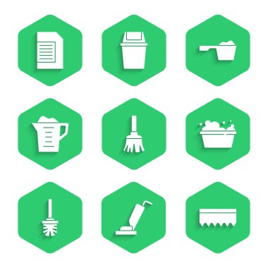 Süpürge, süpürge, süpürge, sünger, sabun köpüklü leğen, tuvalet fırçası, çamaşır deterjanı ve deterjan ikonu. Vektör