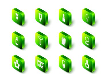 Krem veya losyon kozmetik tüpü, ruj, el aynası, makyaj tozu, tırnak cilası şişesi, ayak için sünger taşı ve göz gölgesi paleti simgesi. Vektör