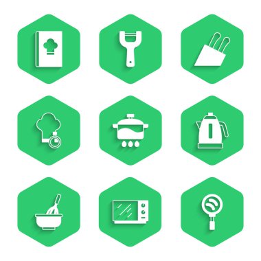 Yemek tenceresi, mikrodalga fırın, kızartma tavası, elektrikli çaydanlık, kâseli mutfak çırpısı, aşçı şapkası, bıçak ve yemek kitabı ikonu. Vektör