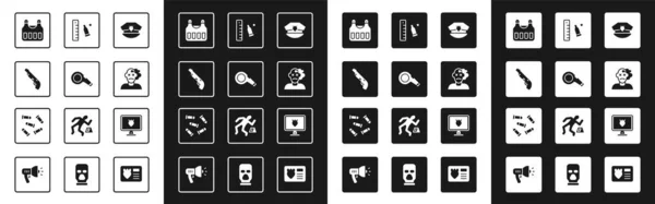 Set Polizeimütze mit Kokarde, Pfeife, Schrotflinte, kugelsichere Weste, Mord, Lineal, Datenbank und Symbol. Vektor — Stockvektor