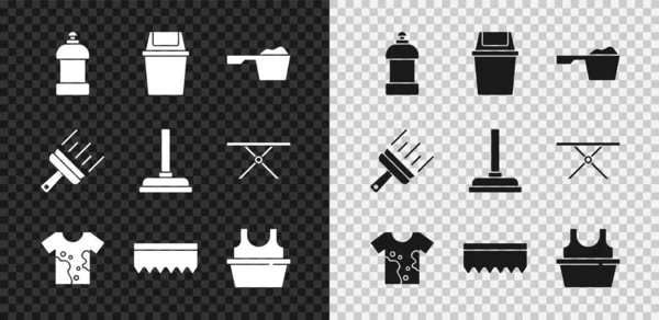 Set Bottle for cleaning agent, Trash can, Washing powder, Dirty t-shirt, Sponge, Basin with, Rubber cleaner windows and plunger icon. Vector — Stock Vector