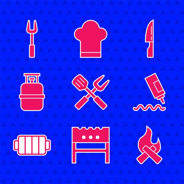 교차 포크와 스파 툴라 세트 , BBQ brazier, Campfire, Sauce bottle, Barbecue grill, Propane gas tank, knife and icon. Vector — 스톡 벡터