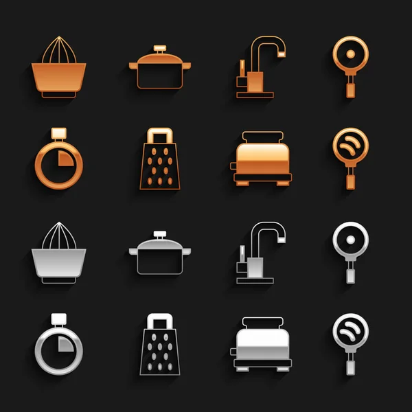 Set Grater, Frying pan, Toaster, Stopwatch, Water tap, Citrus fruit juicer and Cooking pot icon. Vector — Stock Vector