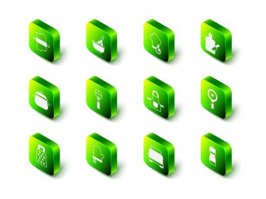 Mutfak çırpıcısını kase, aşçı şapkası, kesme tahtası ve bıçak, kızartma tavası, biber, önlük, tost makinesi ve fırın eldiveni ile ayarlayın. Vektör