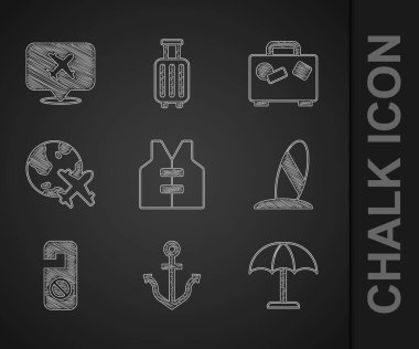Set Life jacket, Anchor, Sun protective umbrella, Surfboard, Please do not disturb, Globe with flying plane, Suitcase and Speech bubble airplane icon. Vector vector