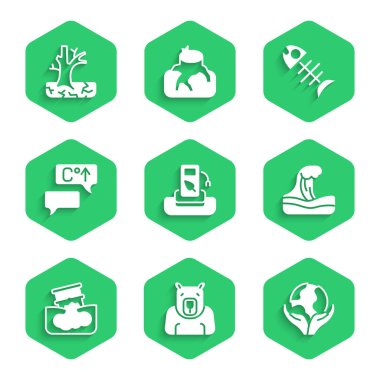 Petrol ya da benzin istasyonu, kutup ayısı başı, Dünya 'yı tutan el, tsunami, varil yağı sızıntısı, küresel ısınma, ölü balık ve solmuş ağaç ikonu. Vektör