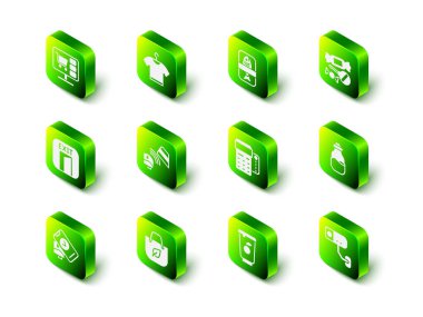 Tişört, balık plastiği, şeker, baharat kutusu, güvenlik kamerası, kredi kartlı POS terminali, yoğurt ve alışveriş poşeti ikonu. Vektör