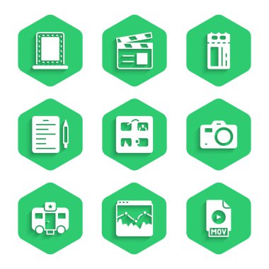 Storyboard, Music wave equalizer, MOV dosya dökümanı, Fotoğraf makinesi, Aktör fragmanı, senaryo, sinema bileti ve ışık ikonlu makyaj aynasını ayarla. Vektör