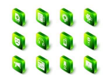 Senaryo, kamera deklanşörü, Retro sinema kamerası, mikrofon, Online oyun videosu, ışık ölçer ve ses karıştırıcı simgesi ayarla. Vektör