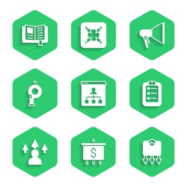 Çevrimiçi eğitim, Dolar Hedefi, Kilo kaybı, Listeleme veya planlama, Ön Uç Geliştirme, Islık, Megaphone ve Reading kitap ikonu. Vektör