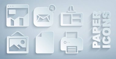 Dosya belgesi, kimlik kartı, Resim manzarası, Yazıcı, Zarf ve Grafik grafik bilgi simgesi ayarla. Vektör