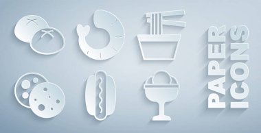 Hotdog, kasede Asya eriştesi, çikolatalı kurabiye, dondurmalı dondurma, karides ve ekmek ikonu. Vektör