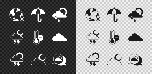 Establecer porcentaje de gota de agua, paraguas, nube con lluvia y sol, tormenta, luna, nube de ubicación, y el icono del termómetro de meteorología. Vector — Archivo Imágenes Vectoriales